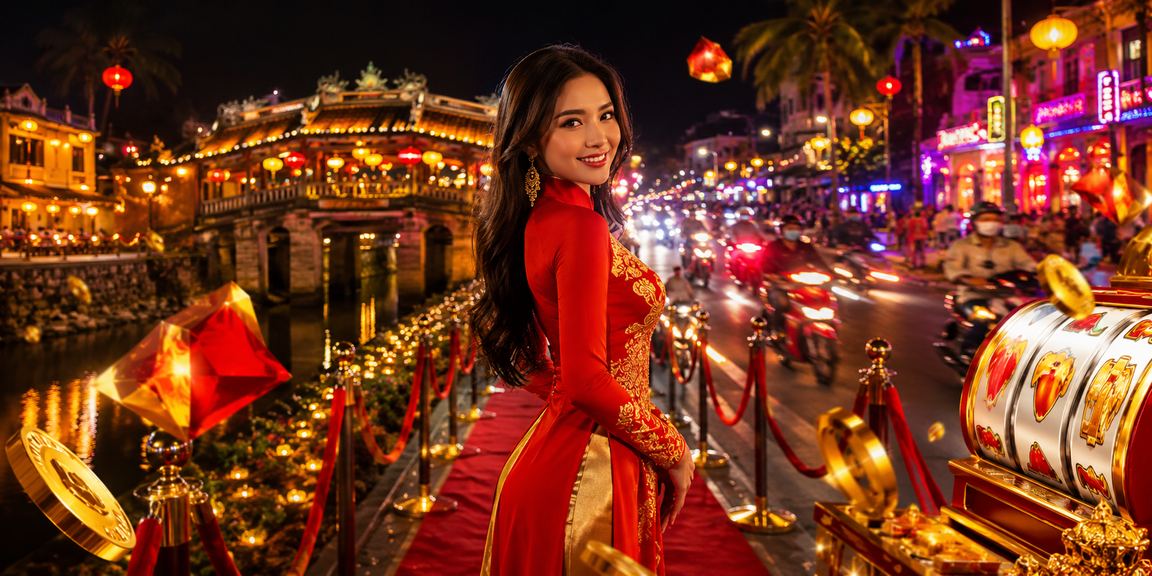 Người phụ nữ mặc áo dài tại Hội An đang trải nghiệm slot game trên điện thoại trong không gian cổ kính